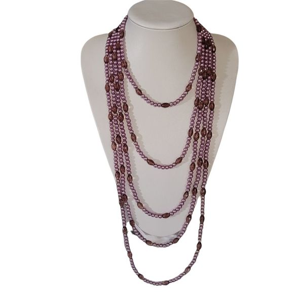 Mauve and Pink 6 Strand Faux Pearl and Glass Beads - Picture 4 of 4